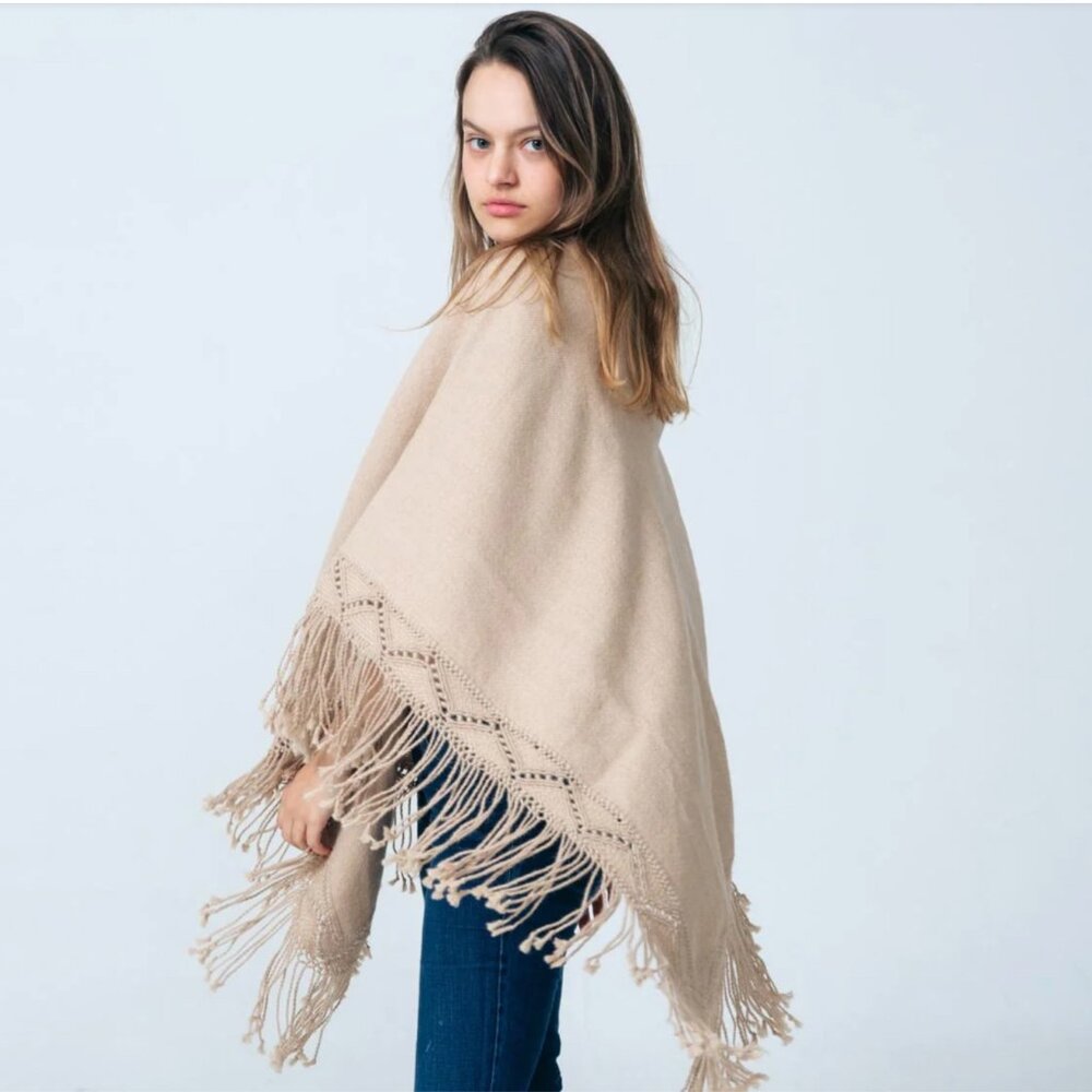 Suzani Textiles | Tan Brown Handwoven Baby Alpaca Macrame Fringe Poncho OS